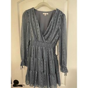 Women's Lined Chiffon Long Sleeve Tiered Ruffle Hem Wrap Dress Blue Size XS NWT